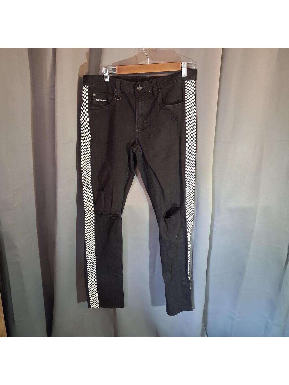 Empyre Recoil Super Skinny Black Jeans with Checkerboard Side Stripes Size 34